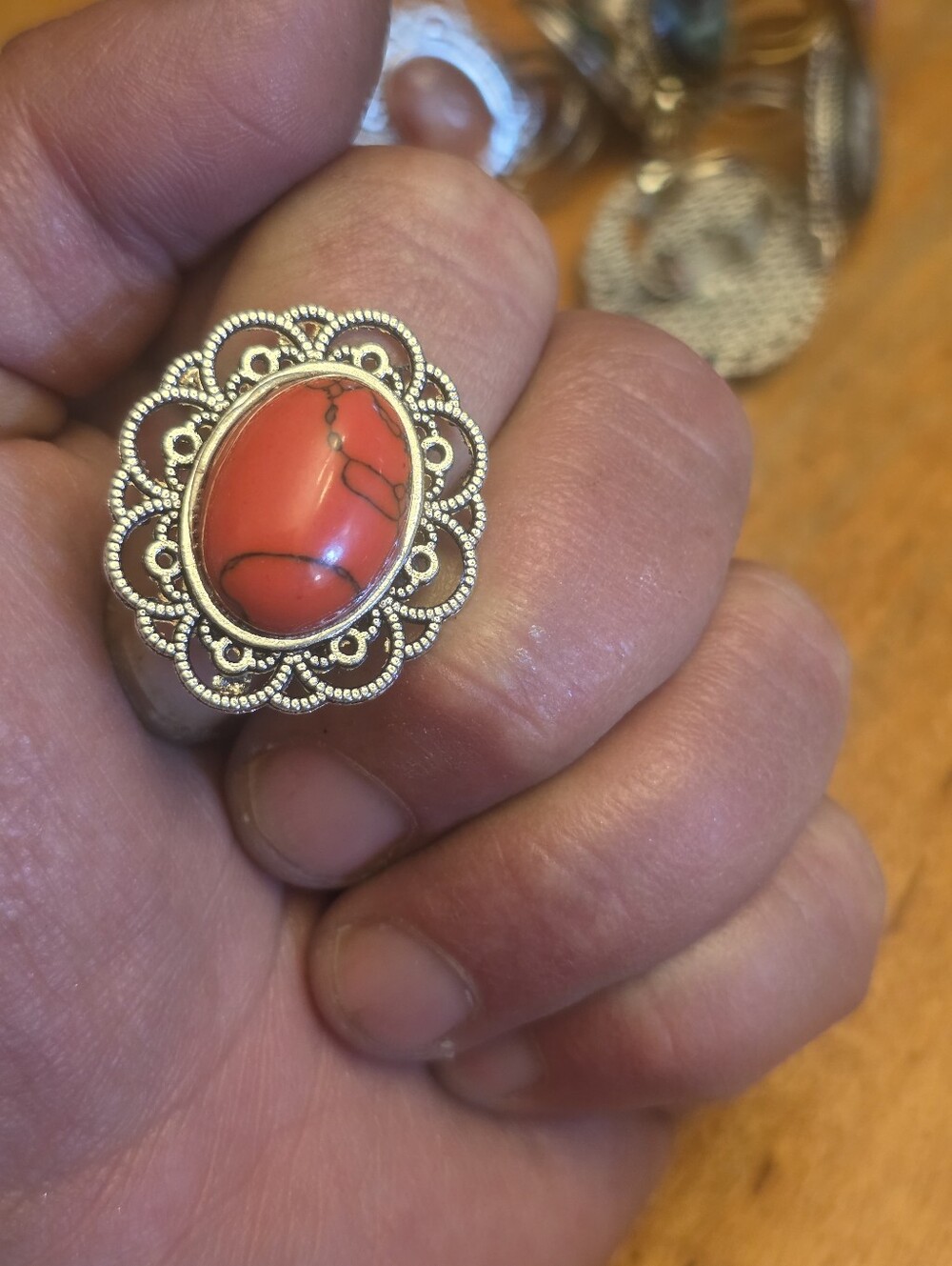Bohemian Red Turqoise Ring With Scalloped Filigree Border. Adjustable Size
